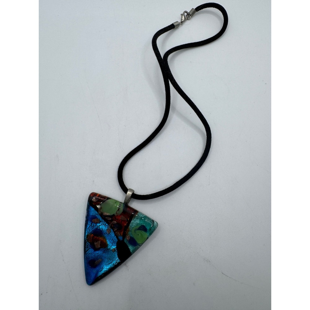 Dichroic Art Glass Triangle Pendant Necklace Blue Green Iridescent Black Cord